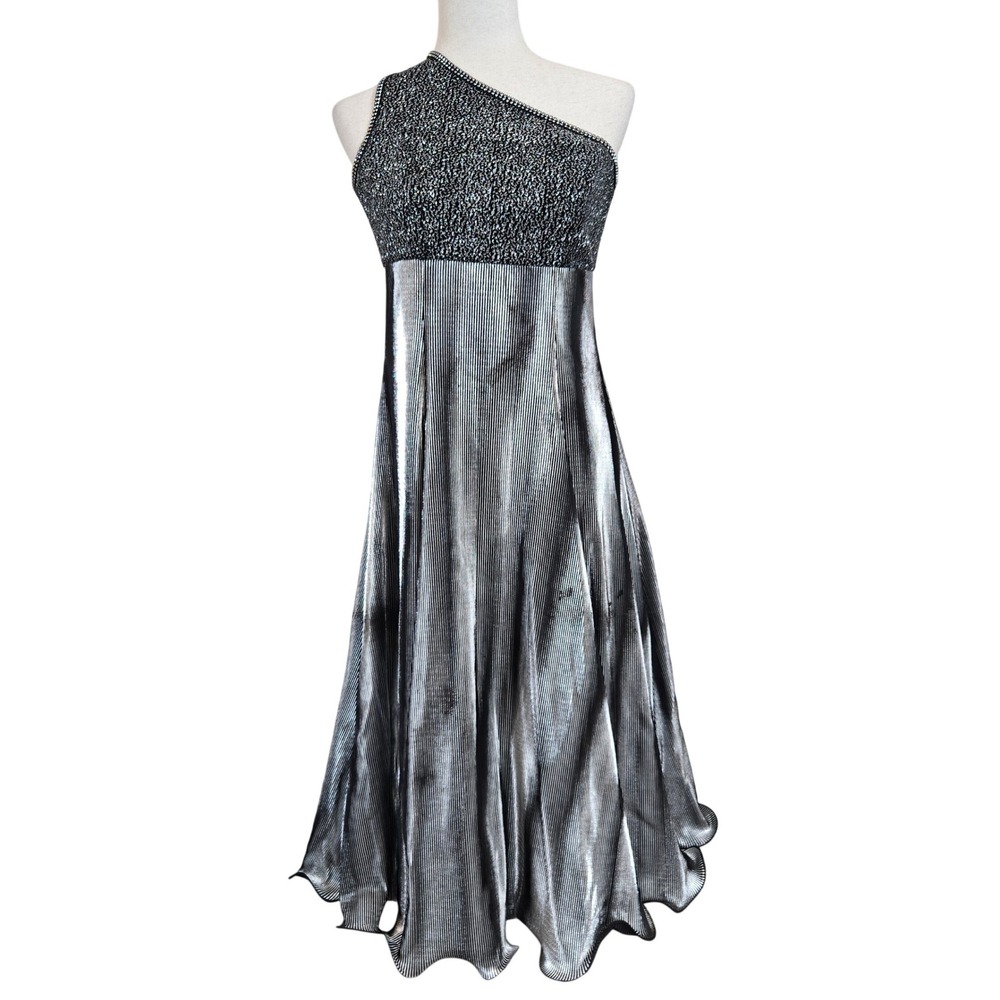Vintage Rivar's 3/4 One Shoulder Silver Metallic Pleated Gown Formal Prom Dress - Picture 3 of 12
